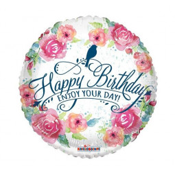 Floral Happy Birthday Round Foil Balloon - Inflated