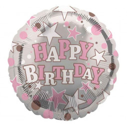 Silver and Pink Happy Birthday Round Foil Balloon - Inflated