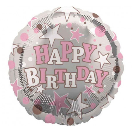 Silver and Pink Happy Birthday Round Foil Balloon - Inflated