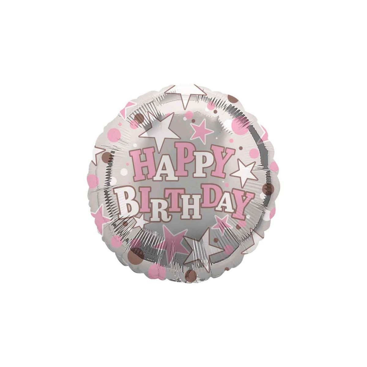 Silver and Pink Happy Birthday Round Foil Balloon - Inflated