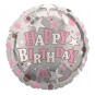 Silver and Pink Happy Birthday Round Foil Balloon - Inflated