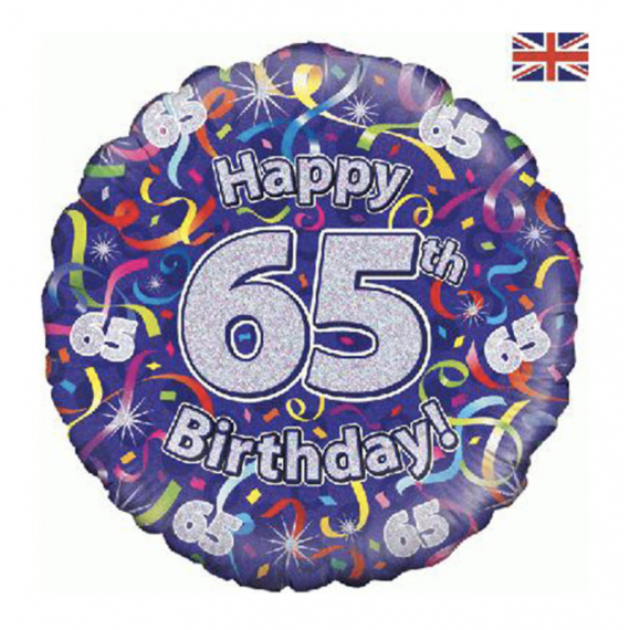 Purple 65th Birthday Round Foil Balloon - Inflated