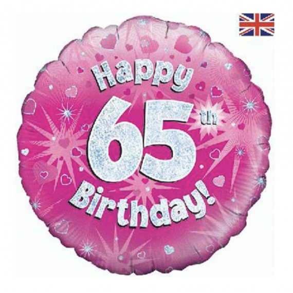 Pink 65th Birthday Round Foil Balloon - Inflated