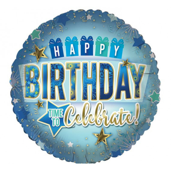 Blue Happy Birthday Round Foil Balloon - Inflated