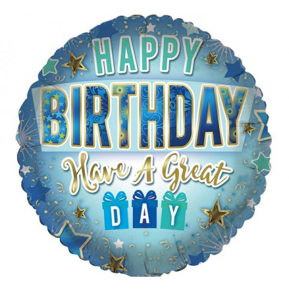 Blue Happy Birthday Round Foil Balloon - Inflated