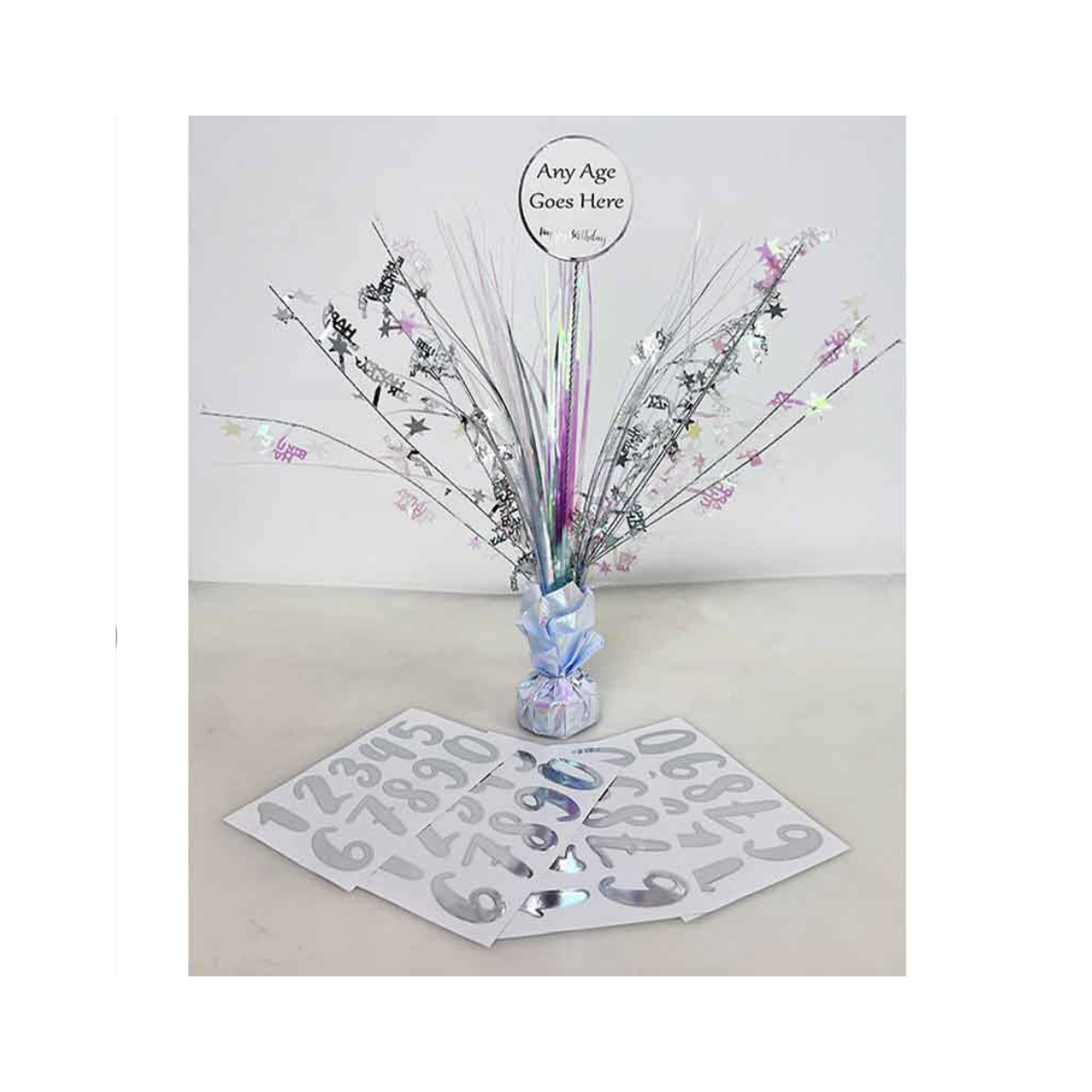 Silver and White Happy Birthday Add An Age Centrepiece