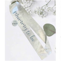 White and Blue Mummy To Be Sash and Badge