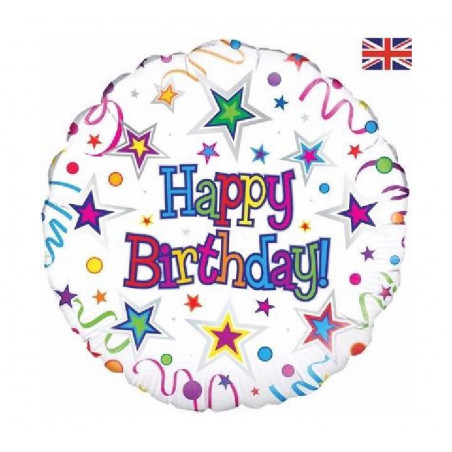 Stars and Ribbons Happy Birthday Round Foil Balloon - Inflated