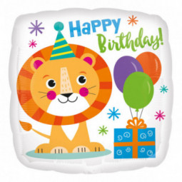 Lion Happy Birthday Square Foil Balloon - Inflated