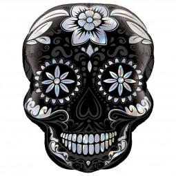 Black Sugar Skull Supershape Foil Balloon - Inflated