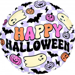 Happy Halloween Purple Checkered Round Foil Balloon - Inflated