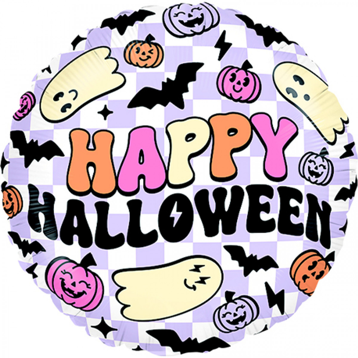 Happy Halloween Purple Checkered Round Foil Balloon - Inflated Happy Halloween Purple Checkered Round Foil Balloon - Inflated