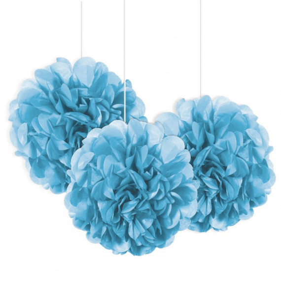 3 Light Blue Tissue Paper Pom Pom Decorations 3 Light Blue Tissue Paper Pom Pom Decorations