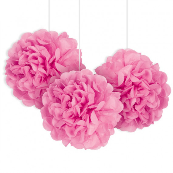 3 Hot Pink Tissue Paper Pom Pom Decorations 3 Hot Pink Tissue Paper Pom Pom Decorations