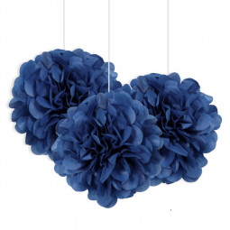 3 Dark Blue Tissue Paper Pom Pom Decorations
