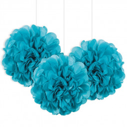 3 Caribbean Blue Tissue Paper Pom Pom Decorations