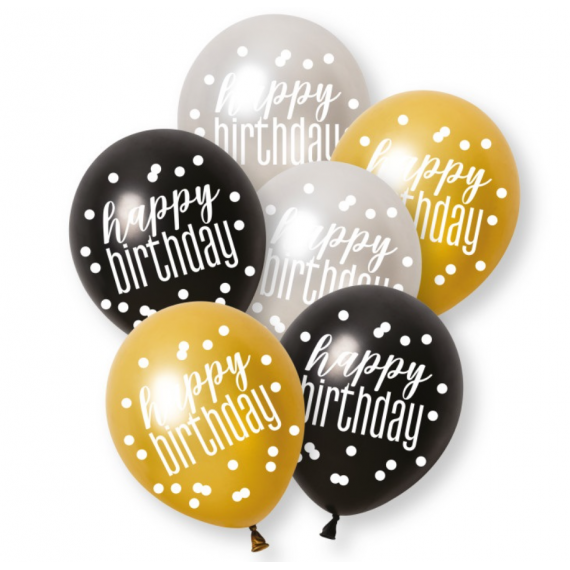 Black & Gold Happy Birthday Latex Balloons - Inflation Options