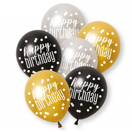 Black & Gold Happy Birthday Latex Balloons - Inflation Options