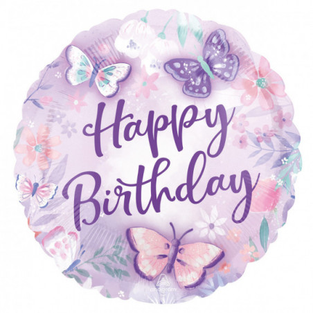 Butterfly Happy Birthday Round Foil Balloon - Inflated