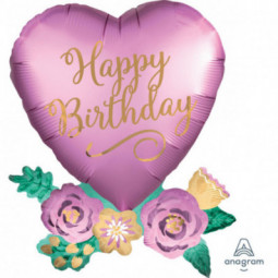 Pink Heart Happy Birthday Supershape Foil Balloon - Inflated
