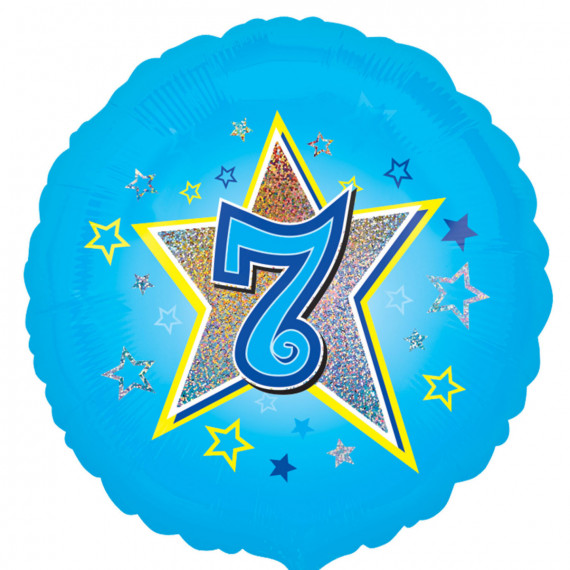 Blue 7th Birthday Round Foil Balloon - Inflated