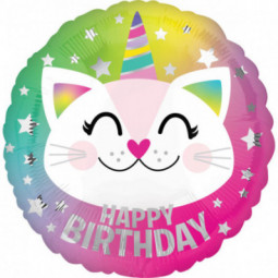 Caticorn Happy Birthday Round Foil Balloon - Inflated