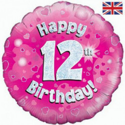 Pink Happy 12th Birthday Round Foil Balloon - Inflated
