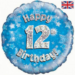 Blue Happy 12th Birthday Round Foil Balloon - Inflated