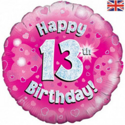 Pink Happy 13th Birthday Round Foil Balloon - Inflated