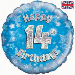 Blue Happy 14th Birthday Round Foil Balloon - Inflated