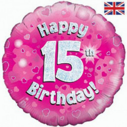 Pink Happy 15th Birthday Round Foil Balloon - Inflated