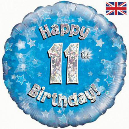 Blue Happy 11th Birthday Round Foil Balloon - Inflated