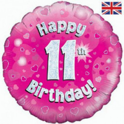 Pink Happy 11th Birthday Round Foil Balloon - Inflated