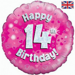 Pink Happy 14th Birthday Round Foil Balloon - Inflated
