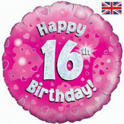 Pink Happy 16th Birthday Round Foil Balloon - Inflated