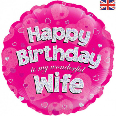 Pink Happy Birthday Wife Round Foil Balloon - Inflated