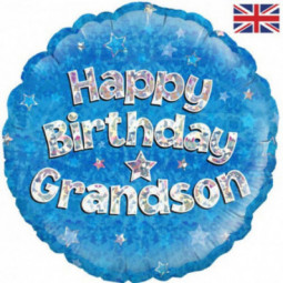 Blue Happy Birthday Grandson Round Foil Balloon - Inflated
