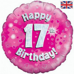 Pink Happy 17th Birthday Round Foil Balloon - Inflated