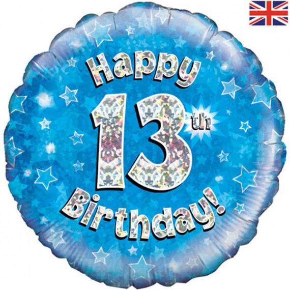 Blue Happy 13th Birthday Round Foil Balloon - Inflated